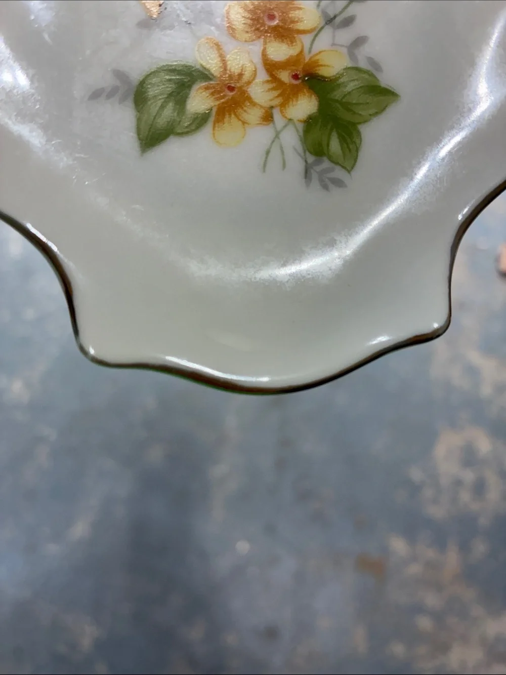 White Porcelain Shell Dish with Yellow Floral Design